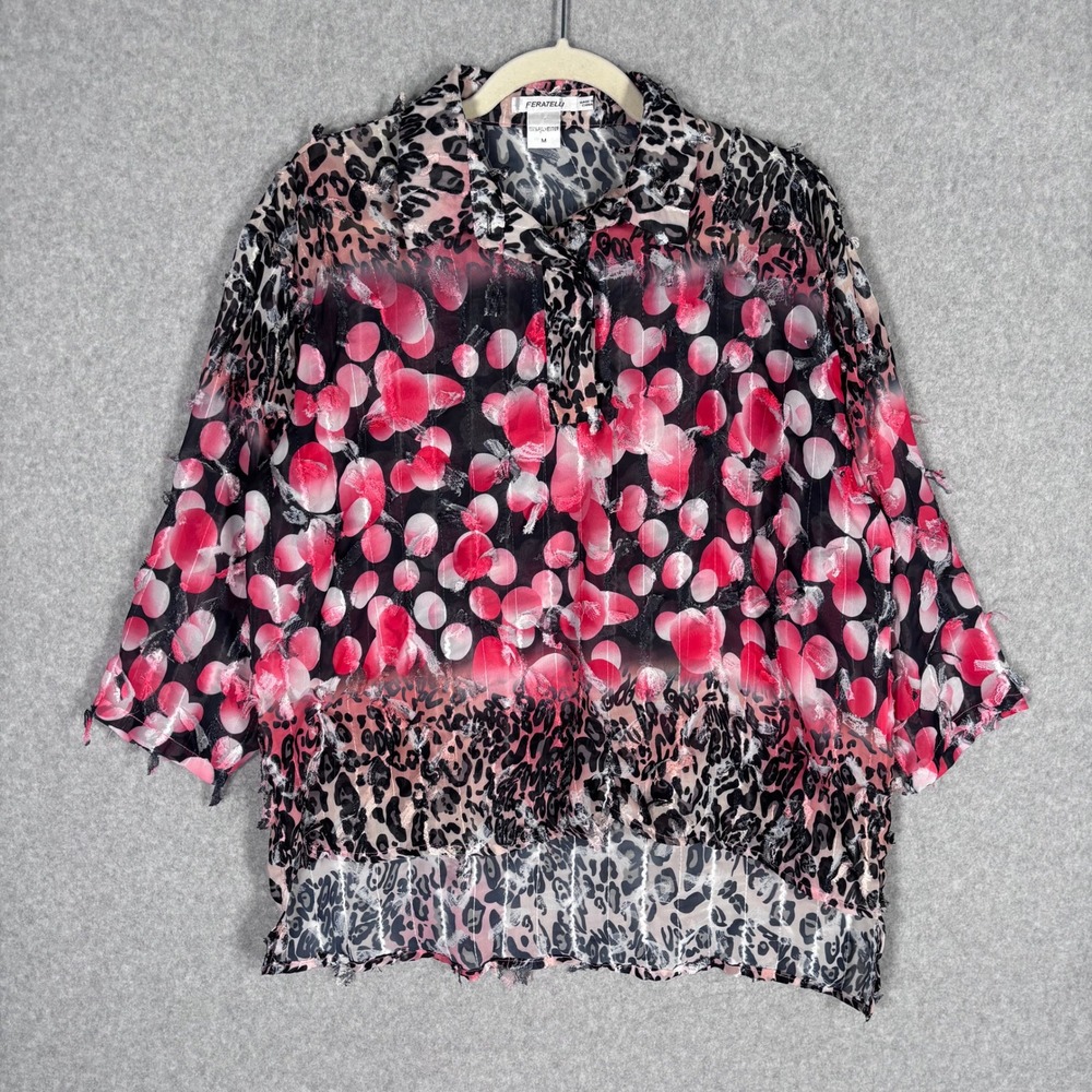 Feratelli Blouse Medium Leopard Sheer Eyelash Artsy Wear Abstract Mixed Media